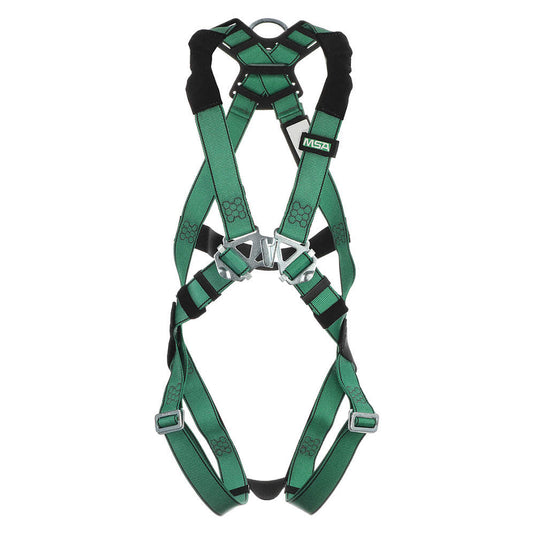 MSA V-FORM Harness, back D-ring,Qwik-Fit leg strap