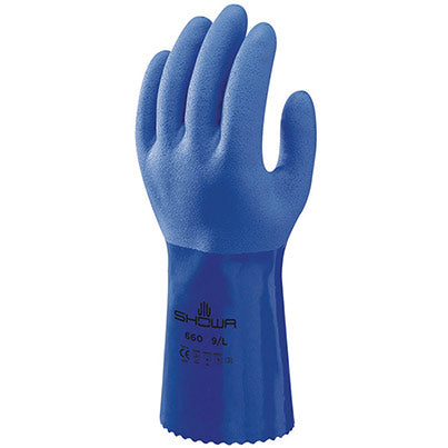 SHOWA SUPER FLEXIBLE GLOVE. TRIPLE-DIPPED PVC ON SEAMLESS COTTON LINER, 14" (357 MM) GAUNTLET, BLUE, ROUGH - 660/36-11