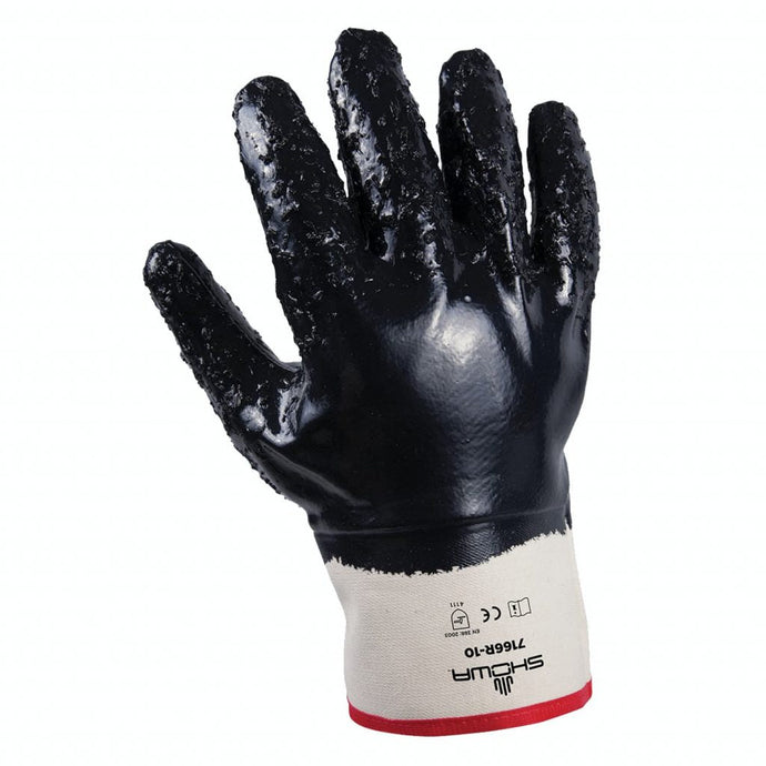 SHOWA FULL COATING NITRILE NAVY COLOUR GLOVE WITH SAFETY CUFF ROUGH GRIP COTTON LINER - 7166R